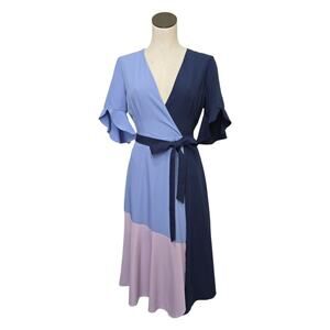 Hutch Blue Colorblock Short Sleeve Faux Wrap Midi Dress‎ Size XS Flowy Casual